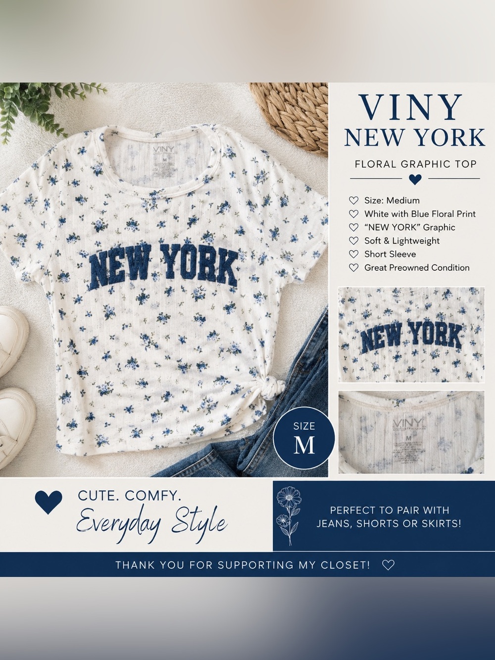 VINY New York Blue Floral Graphic Top | Size Medium